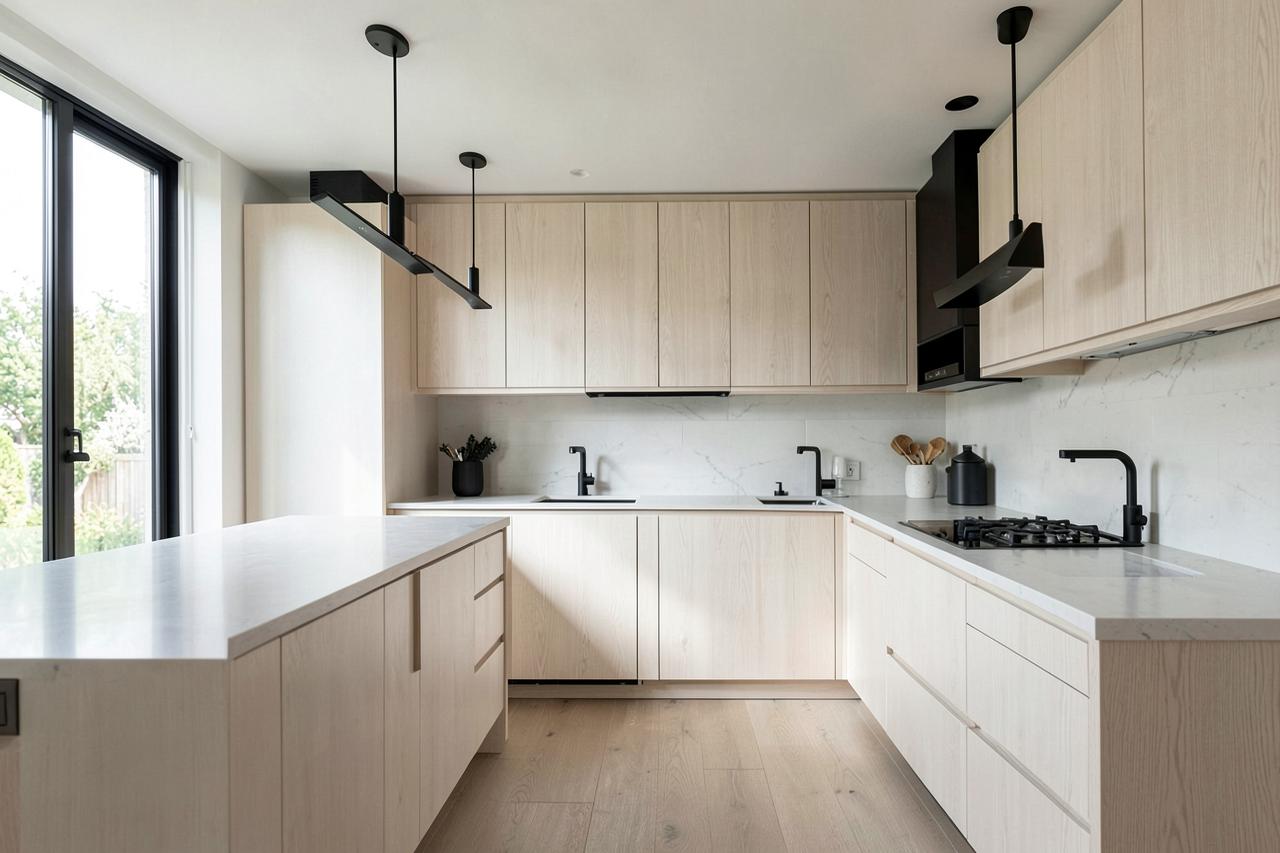 Newly remodeled modern kitchen with white oak cabinetry and matte black fixtures