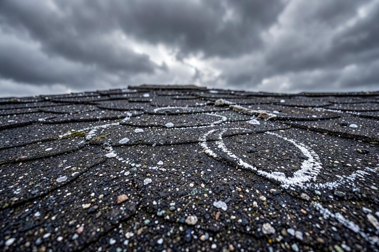 Hail-damaged asphalt shingles marked with inspection chalk